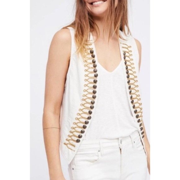 Free People Jackets & Blazers - Free People Shrunken Military Vest Black Size XS Open Front Embroidered Boho
